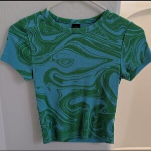 Wild Fable Brand - Teal Blue Crop Top w Green Swirl / Marble Effect Pattern - XS